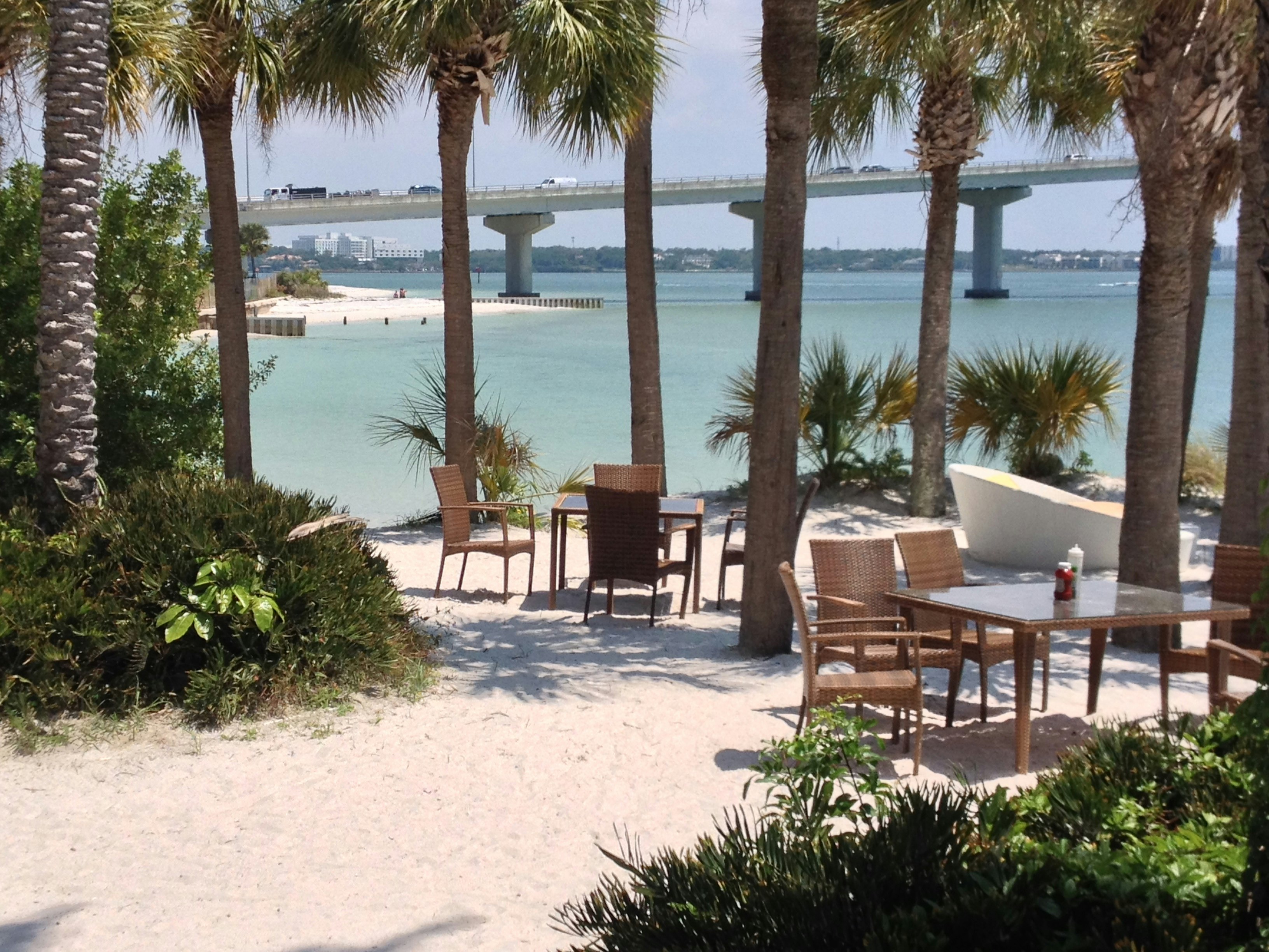 brown wooden chairs and table near body of water